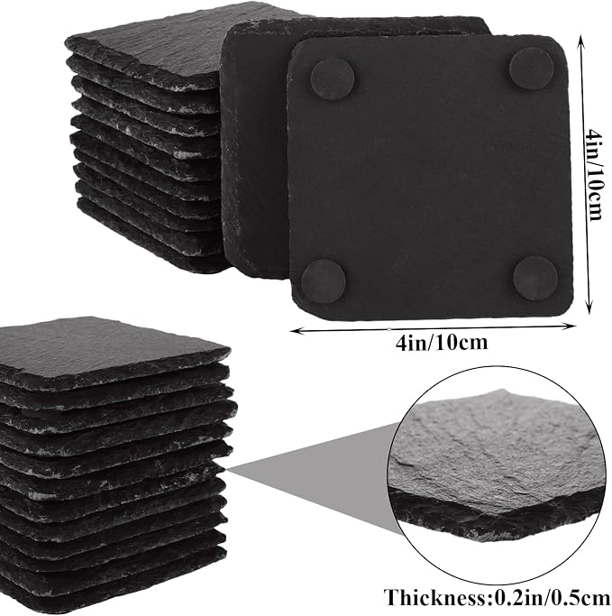 YOUNTHYE 36PCS Slate Coasters Bulk Black Stone Coasters Square Slate Coasters 4 inch Slate Stone Cup Coaster Set for Drink Bar Kitchen Home Blanks with Anti-Scratch Bottom