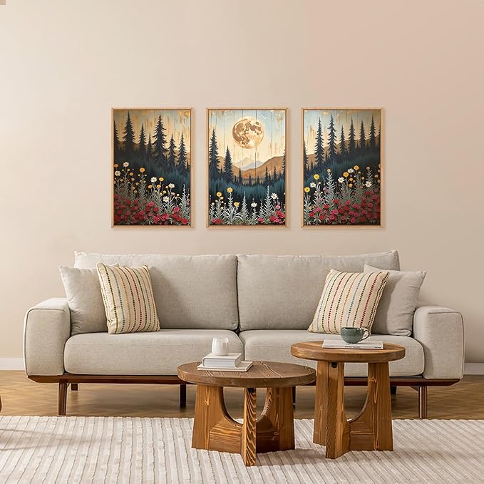 Vintage Moon Forest Framed Canvas Wall Art Set 24"X36"X3 | Wildflower Mountain Nature Pine Tree Colorful Floral Midnight Art Prints Living Room Bedroom Office