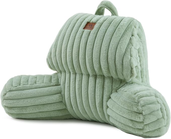 Amélie Home Faux Fur Reading Pillow with Pocket for Sitting in Bed, Kids Backrest Bed Pillow with Washable Cover for Lounging, Watching TV/Gaming/Resting/Post/Surgery/Nursing, Sage Green 17 inches