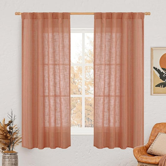 LAMIT 60 Inch Length Window Linen Curtains, Light Filtering Panels Back Tab and Rod Pocket Neutral Drapes for Bedroom/Living Room, Terracotta, 2 Panels, 34 x 60 Inch