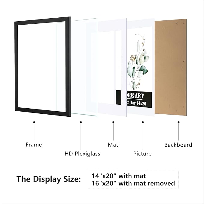 CORE ART 16x24 Frame, Black Picture Frames 14x20 with Mat or 16 x 24 without Mat, Wall Mount Gallery Poster Photo Frame Set of 4