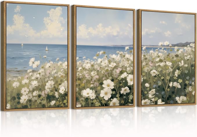Anyzal Large Farmhouse Flower Framed Wall Art 16x24 Inch Coastal Wildflower Canvas Wall Decor Modern Landscape Painting for Living Room Bedroom Dining Room Set of 3