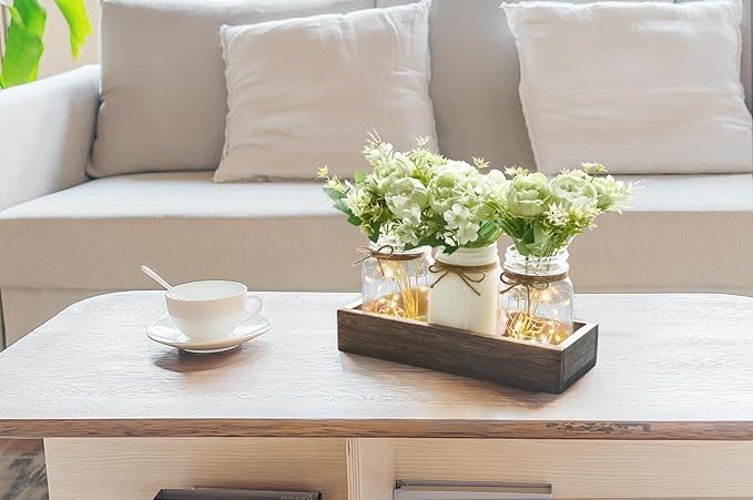 Mkono Mason Jar Lights Centerpiece Table Decorations for Dining Room Farmhouse Coffee Table Decor, Wood Tray with 3 Jars Flowers for St. Patrick's Day, Easter, Spring Home Decor