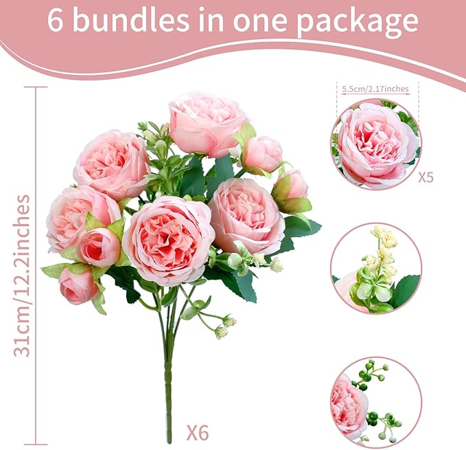 6 Pcs Peonies Artificial Flowers Bulk, Light Pink Silk Peonies Fake Bouquet for Floral Centerpieces, Realistic Faux Peony Flower for Flower Arrangements Wedding Decoration vase