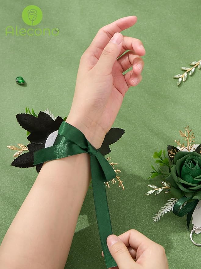 Alecono Green Corsage and Boutonniere Set, Corsages for Bride Bridesmaid Groom Bridegroom, Artificial Flowers for Prom Graduation Ceremony Anniversary