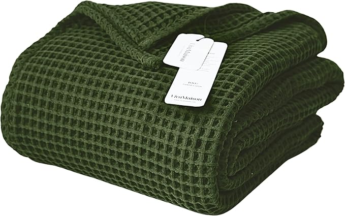 Premium Waffle Throw Blanket Twin Size Green - Luxury, Pure 100% Turkish Cotton, Light and Airy Waffle Weave All-Season Quilt - Lux Decorative Bedspread (Dark Green, Twin 63" x 91" Inch)
