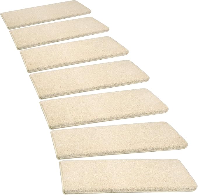 PURE ERA Bullnose Carpet Stair Treads Set Tape Free Non-Slip Indoor Stair Protectors Pet Friendly Rugs Covers Soft Skid Resistant Washable Reusable 9.5" x 30" (14 Pieces, Light Beige)
