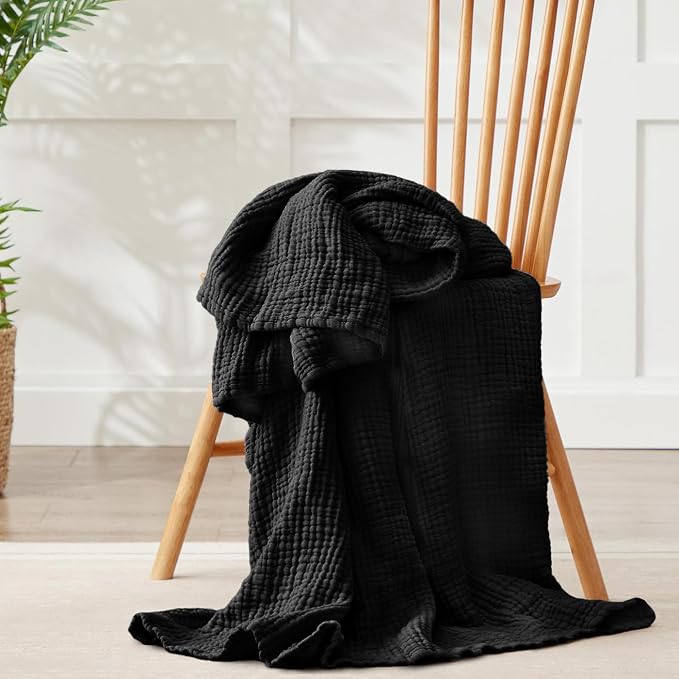 100% Cotton Muslin Blanket Queen 90" x 90", 6 Layers Breathable and Lightweight Cotton Throw Blankets for Bed, Soft Cooling Summer Gauze Blanket for Adults All Season, Black