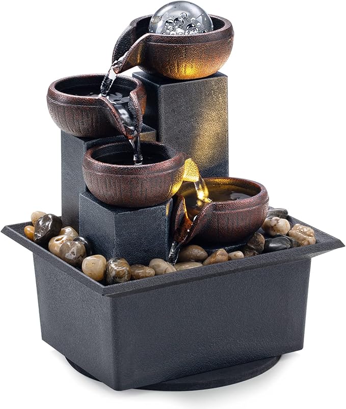 Tabletop Fountain 4 Level Tabletop Waterfall Indoor Meditation Fountain Office Home Relax Desktop Waterfall Includes Many Natural River Rocks LED Lights Bubble Ball Great Choice as Festival Gifts