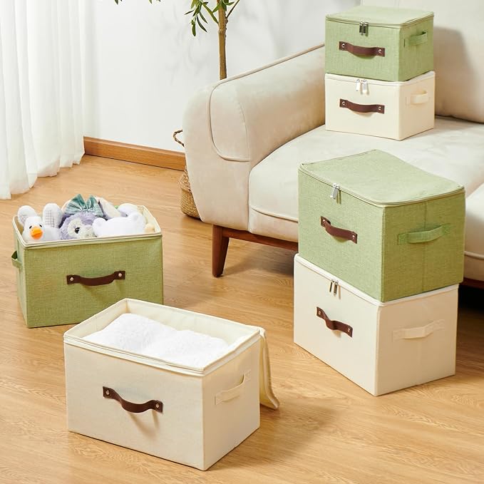 4 Pack Storage Bins with Zipper Lid Cotton Linen Fabric Lidded Storage Baskets Boxes Foldable Washable Closet Shelf Clothes Organizer Container with PU Leather Handles (Green, Large)