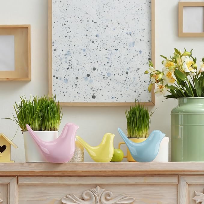 AceOrbit 3 Pcs Spring Small Animal Statues Pink Birds Decor Pastel Color Sculpture Ornaments Blue Yellow Bird Figures for Spring Home Office Table Desktop Bookshelf Mantelpiece Shelf