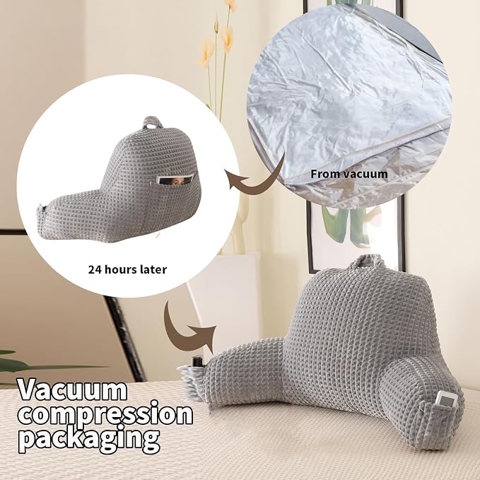Reading Pillow with Arms for Bed Sitting,Gray Flannel | Large Supportive Backrest with Arms Helps Ease Neck,Shoulder & Arm Strain While Gaming Reading or Watching TV