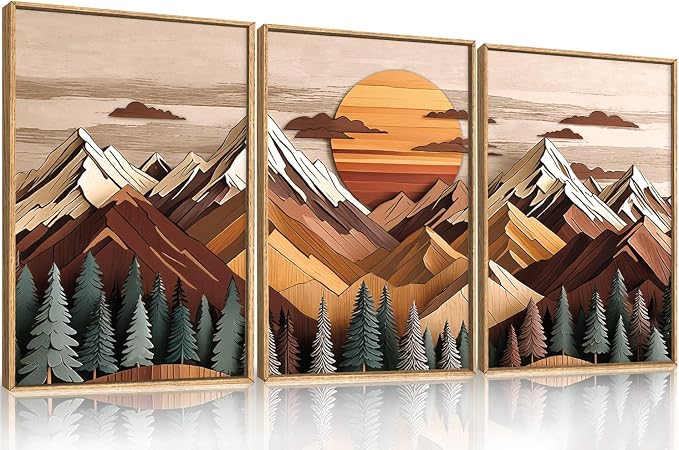KAIRNE Woodcut Style Mountain Framed Canvas Wall Art Set,Wooden Pine Tree Wall Decor,Vintage Forest Landscape Art Prints,Nature Sunrise Artwork for Living Room,Bedroom,Farmhouse,Office-16 x24 x3