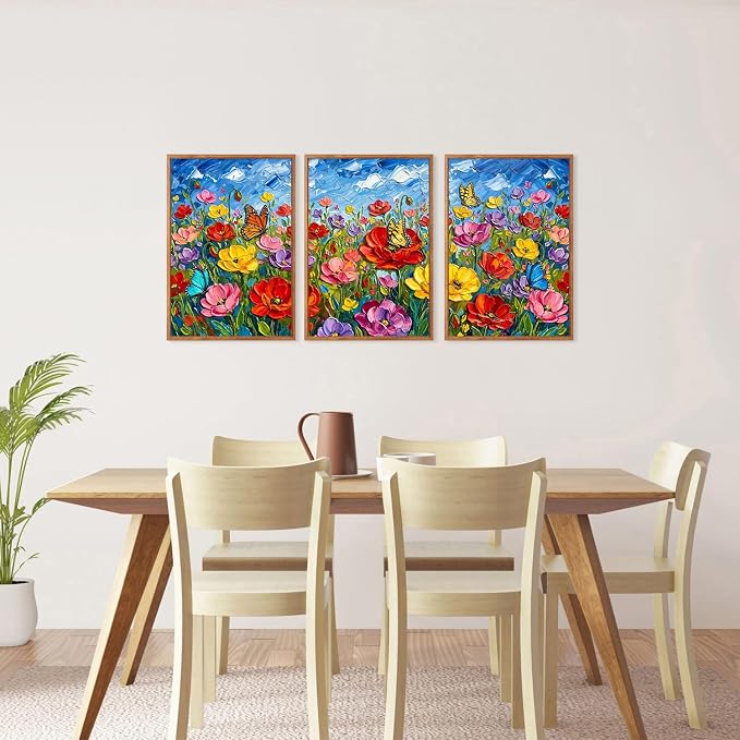 CHDITB 3D Textured Impasto Floral Poppy Framed Canvas Wall Art Set,Modern Butterfly Wildflower Country Wall Decor,Vibrant Colorful Spring Flower Art Prints for Living Room Bedroom Farmhouse 16"x24"x3