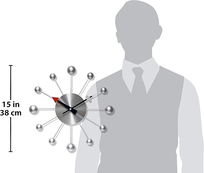 Infinity Instruments Orb Spoke Midcentury Modern 15 inch Retro Starburst Ball Wall Clock Quiet Quartz Movement Mid Century Modern Decorative (Silver)