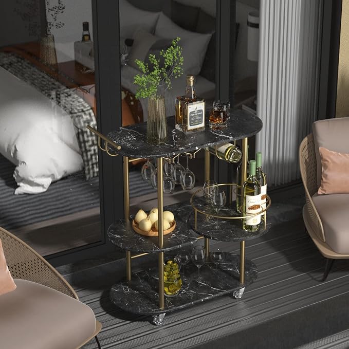 Black Bar Carts with 4-Tier Storage Shelves, Mobile Bar Serving Cart with Wine Rack and Glass Holder, for The Home, Kitchen, Living Room, Dining Room