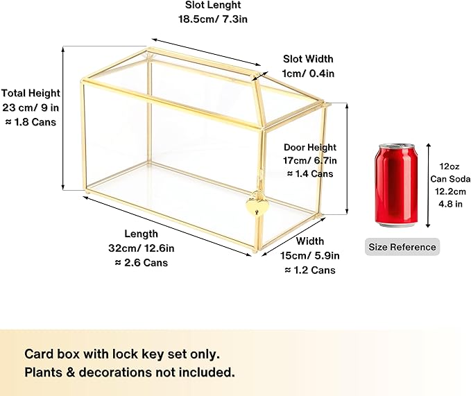 NCYP 12.6" x 5.9" x 9" Glass Wedding Cards Box with Slot and Lock for Party Reception, Centerpiece, Home Decorative, Gold (Glass Box Only) Slot Length 7.3 Inches