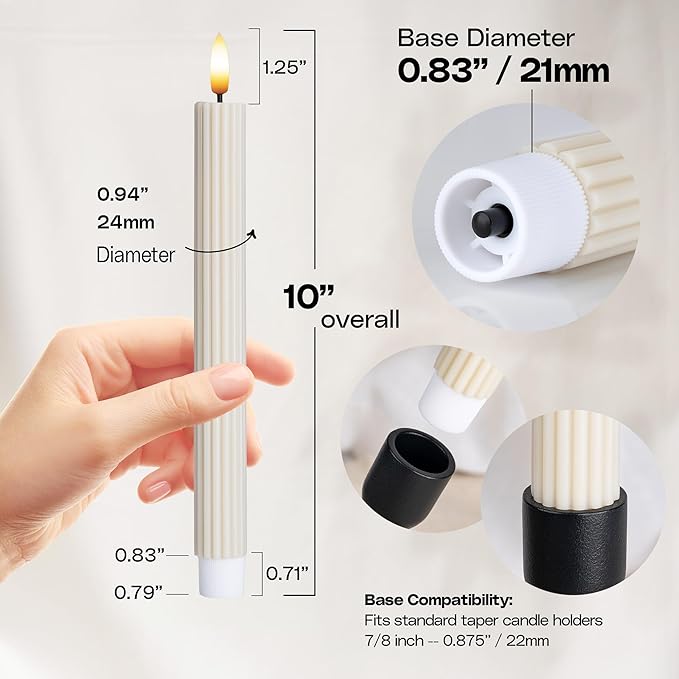 12 Pack, 10" LED Flameless Real Wax Cream Beige Fluted Ribbed Grooved Taper Candles, Remote & 24h Timer Memory, On/Off Button, Dimmable, Flicker Mode, Battery Operated, Wedding