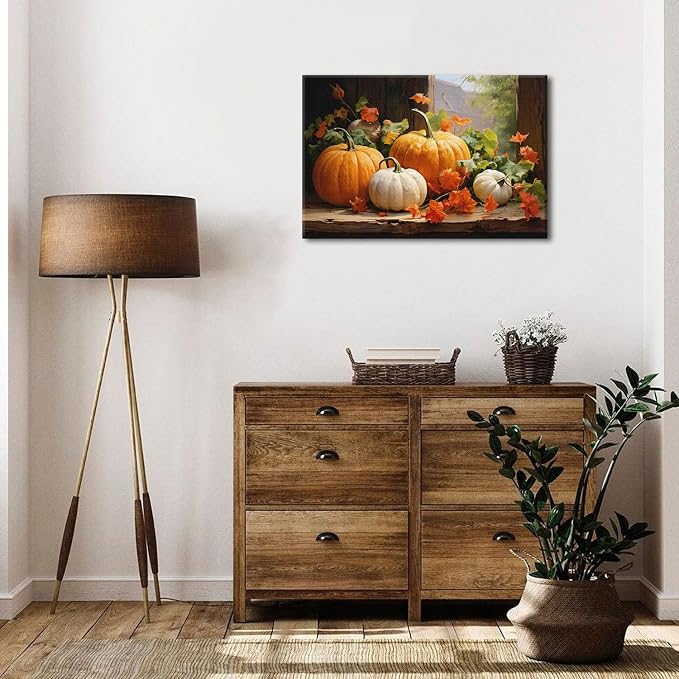 Pumpkin Canvas Wall Art Fall Pictures Maple Leaf Autumn Decor Thanksgiving Wall Framed Prints Rustic Halloween Themed Wall Decor Modern Artwork for Living Room Kitchen Bedroom Home Decorations 16x24”