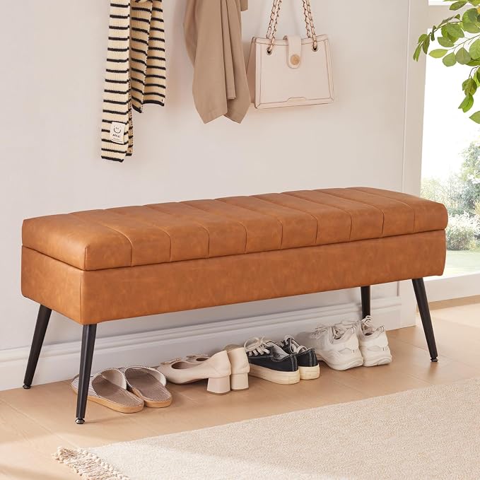Storage Ottoman Bench, 43.5" Faux Leather Upholstered Entryway Bench, Long Ottoman with Storage for Living Room, Support 660lbs - Cognac Brown