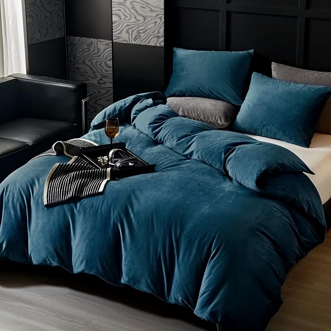 WARMDERN Blue Flannel Velvet Duvet Cover King Size Duvet Cover Bedding Sets, 3pcs Ultra Soft Luxury Textured Modern Crystal Velvet Duvet Covers with Zipper Closure(Blue, King)