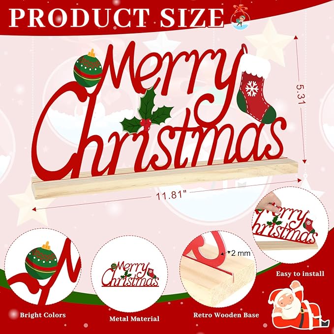 Metal Tabletop Decoration with Wood Base, Holiday Decorations for Home, Office, Shelf, Mantel, Indoor, Xmas Centerpiece Sign for Party Supplies