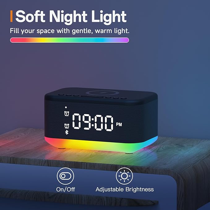 Wireless Charging Alarm Clock Bedroom, Digital Alarm Clocks Bedrooms Bluetooth, Loud Bluetooth Speaker Alarm Clock Night Light Dual Alarm Snooze 12/24H Dimmer Bluetooth AUX USB Charging, Black