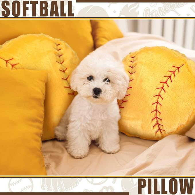 Gerrii 4 Pcs Sports Throw Pillows Basketball Softball Football Soccer Volleyball Tennis Pillow Fluffy Stuffed Plush Cushion Gift for Senior Night Home Bedroom Decor Birthday Present (Softball)