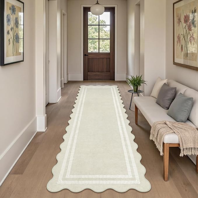 Washable Runner Rug 2.6x8 Kitchen Hallway Scalloped Rugs, Non Skid Stain-Resistant Indoor Rug Soft Entryway Carpet Runner for Bathroom Laundry Room
