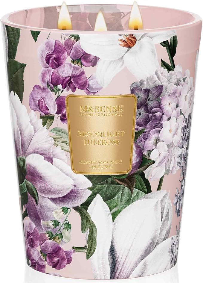 M&SENSE Moonlight Tuberose Soy Candle, 35oz 3 Wick, Night Self Care Gift | 150H Long Burn, Non-Toxic, Large Jar, Bathtub Relaxation, Bedroom Calm, Stress Relief, Meditation, Romantic Evening Candle