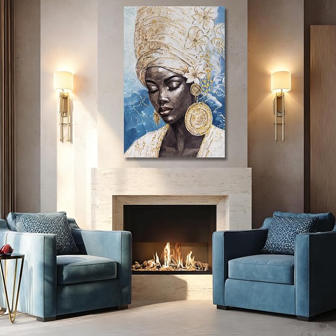Dolidoteart Blue Gold Black Woman Wall Art, Large African American Canvas Wall Art for Living Room Bedroom Office, Modern Portrait Wall Art Print, 32x48 Inch