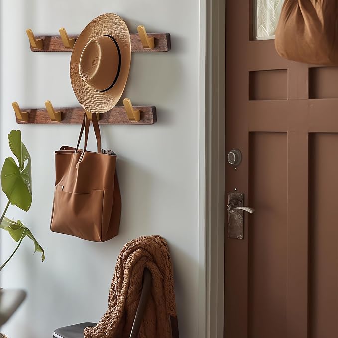 Wall Mounted Coat Rack, Entryway Hanging Coat Rack, Metal Wood Coat Rail with 4 Rustic Hooks Rail for Coat, Scarf, Bag, Towel, Key, Cap, Hat, Walnut Gold Matt