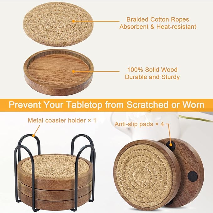 Eykao Coasters for Drinks Absorbent Sets of 5, Woven Coasters with Holder, Housewarming Gift for Farmhouse Home Decor, 4 inches