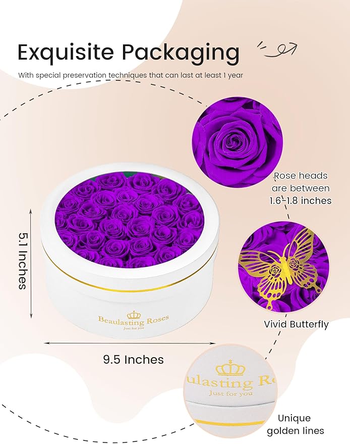27 Preserved Roses Forever Flowers Real Roses in a Box Mother's Day Birthday Flowers for Her Mom Women Wife Valentine's Day, Purple Roses