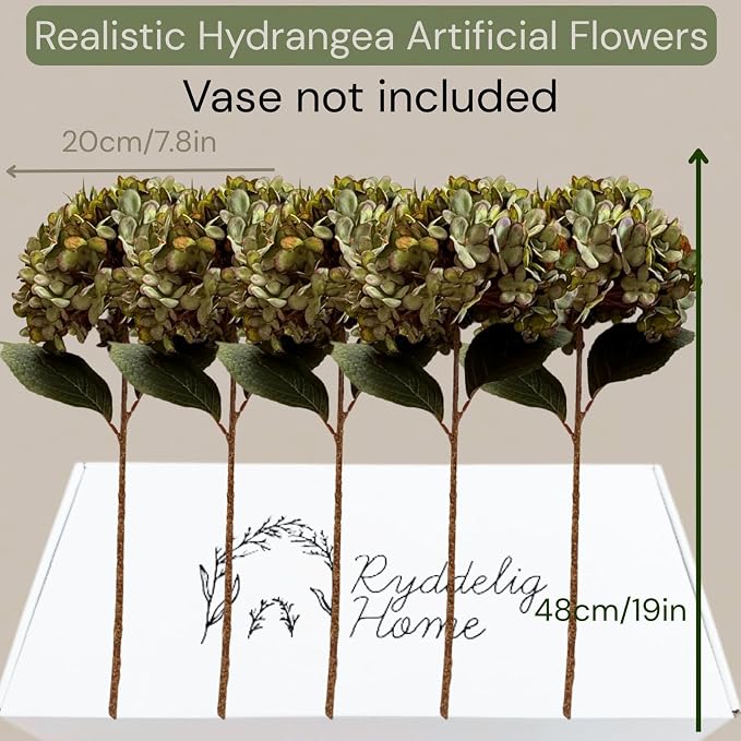 RyddeligHome 5 Stems Extra Large Green Hydrangea Artificial Flowers, 19 Inch Real Touch Silk Hydrangeas, Realistic Faux Floral Stems for Modern Farmhouse Decor, Every Room Home & Kitchen Decor