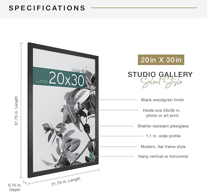 MCS Studio Gallery 20x30 Poster Frame Black Woodgrain Engineered Wood, Vertical & Horizontal Wall Hanging Large Picture Frame for Photos, Posters & Art Prints (1-Pack)