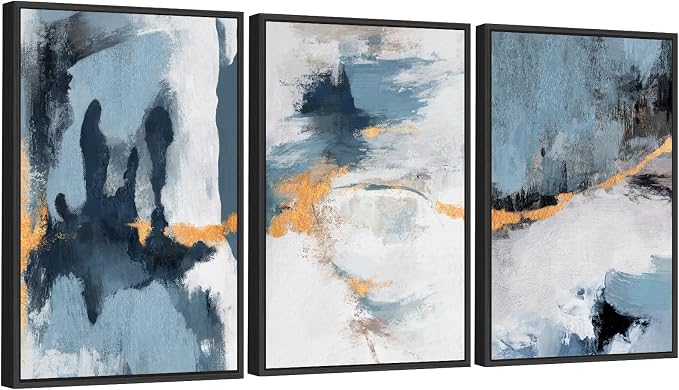 Large Framed Abstract Wall Art - Natural Framed Canvas Pictures for Living Room Modern Canvas Prints Grey Blue for Bedroom, Black Float Frame Art for Home Office Kitchen Decor 24" X 36" X 3pcs