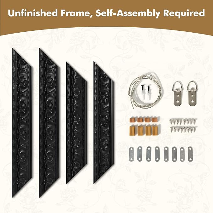 Antique DIY Wood Frame for 20x24 Canvas Paintings, No Front & Back, 2.6" Wide Vintage Frames For Baroque Victorian Wall Art Prints Class Artwork Designer, Home Office Gallery Decor (Black)