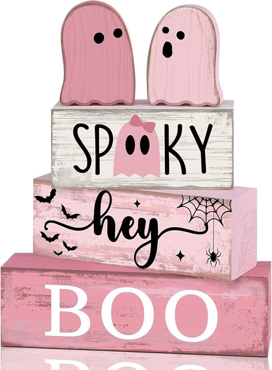 Lineshading 4 Pcs Pink Halloween Decor Ghost Table Decorations Halloween Tiered Tray Decor Farmhouse Ghost Tabletop Centerpiece Rustic Pink Block Sign Gift for Home Kitchen Shelf Office Mantel