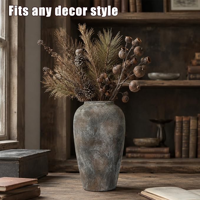 12 Inch Ceramic Rustic Farmhouse Vase, Handmade Pottery Flower Vases for Home Decor, Brown Ceramic Vase for Living Room, Table Centerpieces & Shelf Decor, Wedding Gifts
