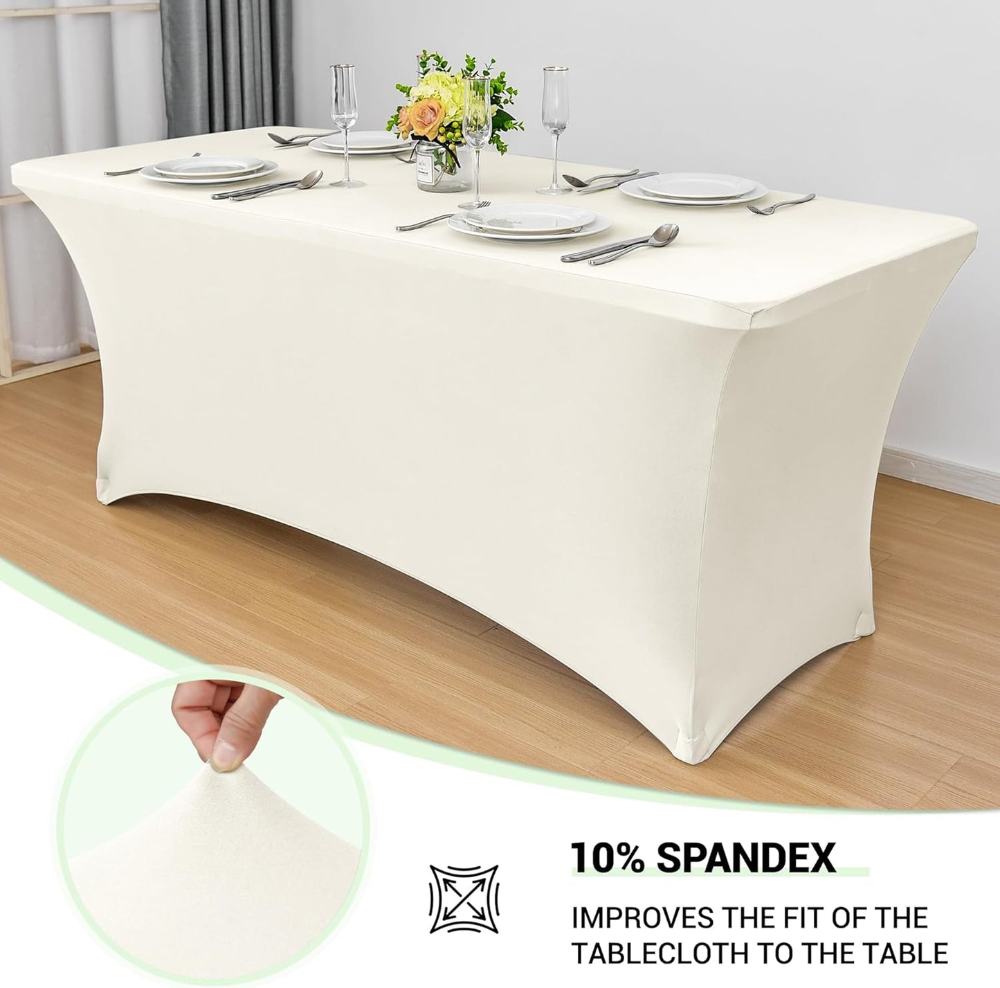 Obstal 6ft Stretch Spandex Table Cover for Standard Folding Tables - 2 Pack Universal Rectangular Fitted Tablecloth Protector for Wedding, Banquet and Party, 72L x 30W x 30H Inches, Cream, 2pc