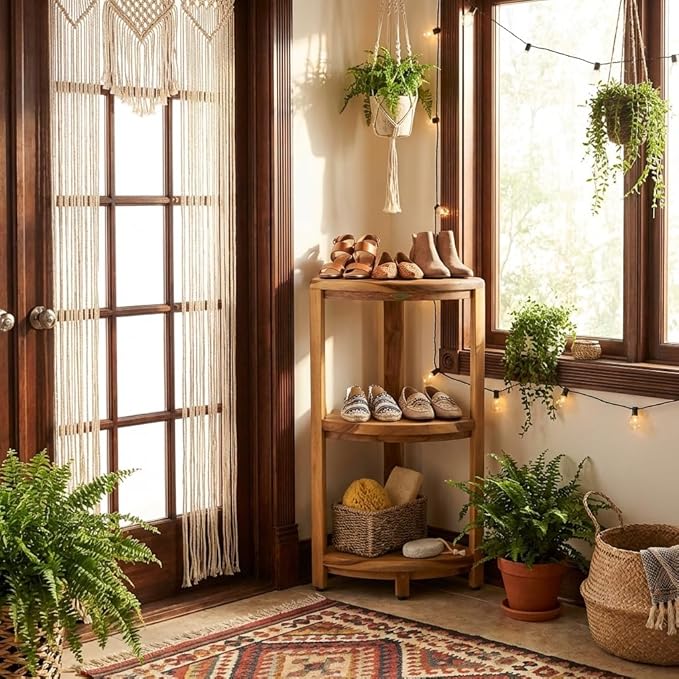 EcoDecors SnazzyCorner Natural Teak Corner Shower 3 Tier Shelf – Bathroom Organizer | Natural Wood Colors | Waterproof Teak Shower Caddy | Bathroom Storage & Organization | 33 Inches Tall