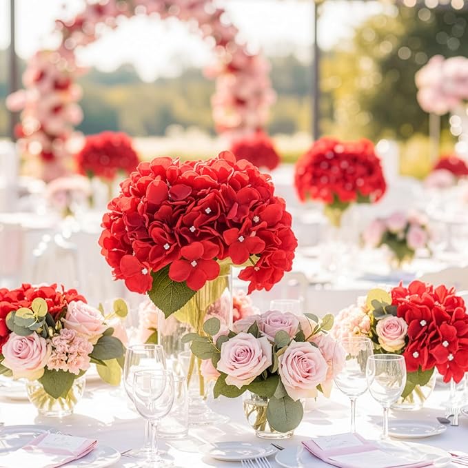Auihiay 64pcs Hydrangea Artificial Flowers, Red Fake Hydrangea Flowers with Stems, Artificial Hydrangea Flowers for Wedding Centerpieces, Home Garden Party Decoration (Red)