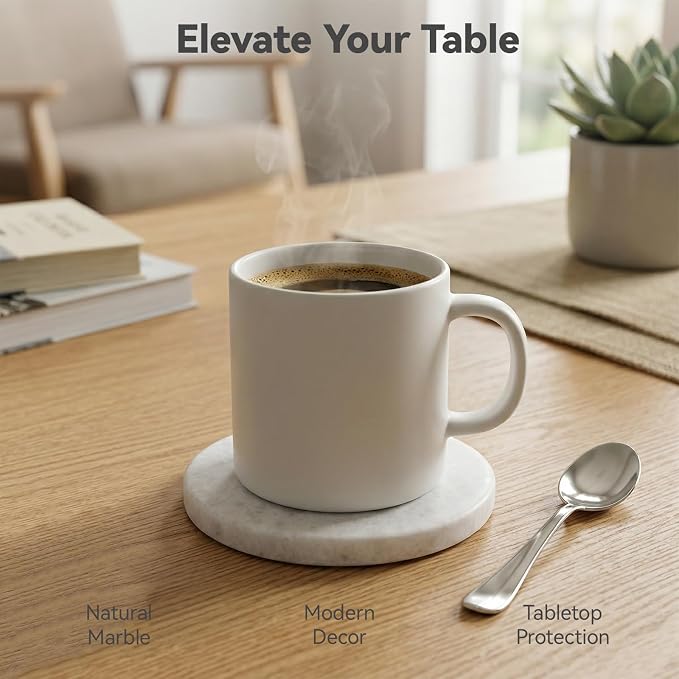 Pure White Marble Coasters Set of 6, Elegant ICY Crystal Coasters for Coffee Table, 4" Round Polished White Stone Coaster with Sparkling Texture – Heat Resistant, Non-Slip, Housewarming Gift