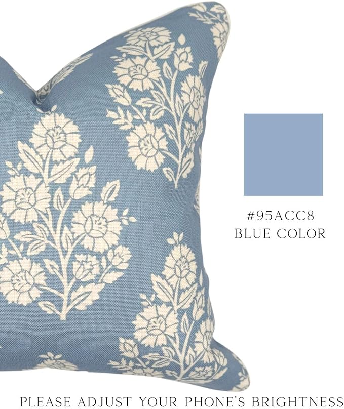 Jillien Harbor "The Hazel Bright Blue White Floral Pillow Cover Grandmillennial Home Decor Blockprint Pillow Cover 20" x 20"