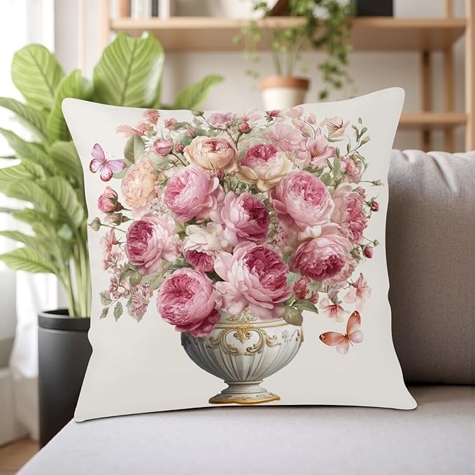 Pink Rose Pillow Covers Peony Flower Throw Pillow Covers Spring Summer Shabby Chic Floral Pillow Cases 22x22 Rustic Rose Farmhouse Cushion Cases for Home Bedroom Couch Sofa 2 Pcs