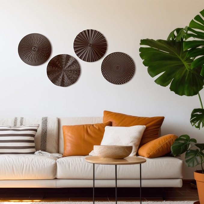 Hicarer 4 Pcs 12 Inch Metal Wall Art Decor Sunburst Hanging Metal Artwork Decor Wall Art Decorations for Home Living Room Office Gift for Christmas(Brown)