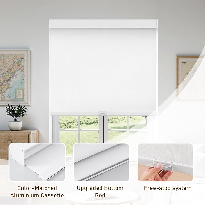 AOSKY Linen Roller Blinds Shades for Indoor Windows Pull Down Cordless Blackout Black Out Window Shade 38 Inch Blinds for Home White