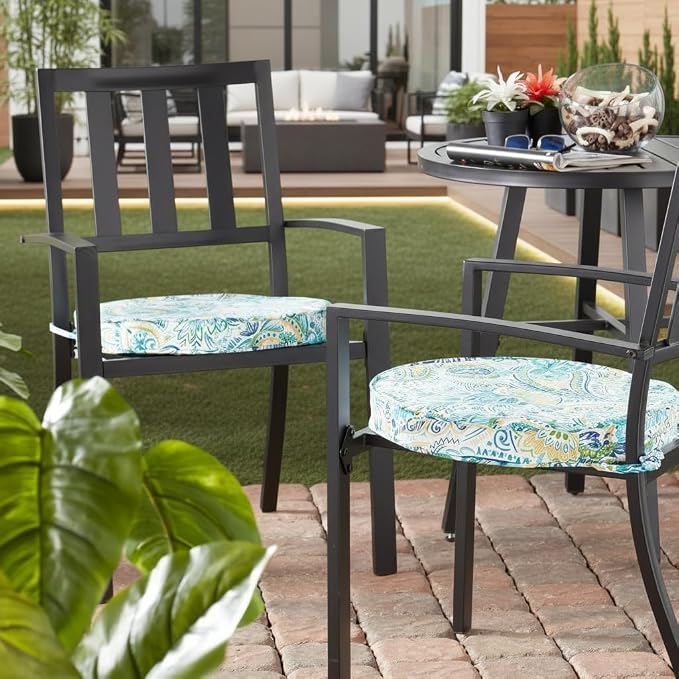 Set of 2 Outdoor 18 inch Round Patio Dining Chair Pads – Comfortable Fiber-Filled Seat Cushions with Ties, Reversible Polyester Fabric, Baltic Paisley