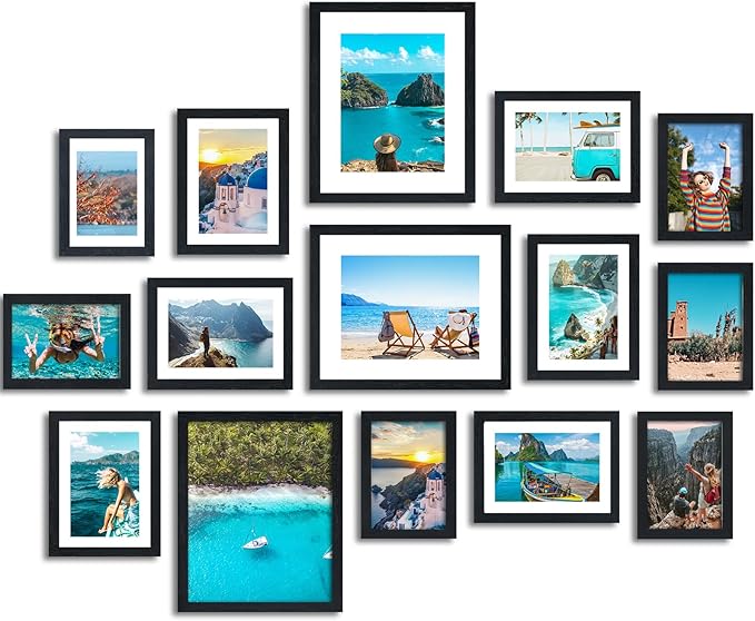 Fixwal Picture Frames Set, 15 Pack Black Picture Frames Collage Wall Decor for Assorted Photos, Three 8x10, Six 5x7, Six 4x6 for Wall Hanging or Tabletop Display